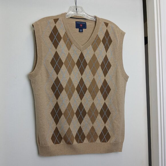 Saddlebred Beige 100% Cotton Knit V Neck Classic  Argyle Vest SzM - Picture 9 of 10